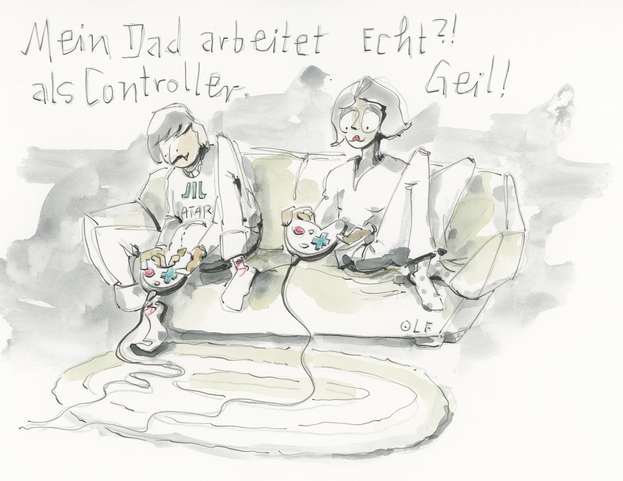 Zwei gamende Kids sitzen auf dem Sofa: Kid eins sagt: Mein Vater arbeitet als Controller . Kid zwei sagt: Echt? Geil! 